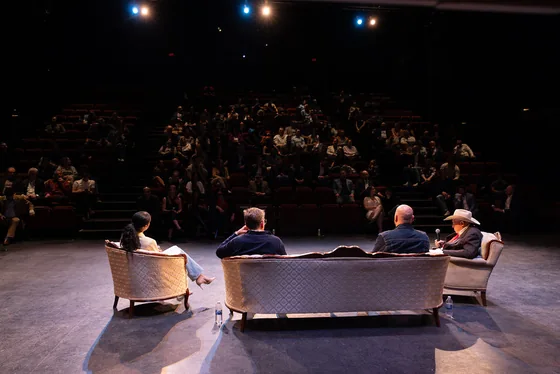 The panel seen from behind, facing the theatre audience.